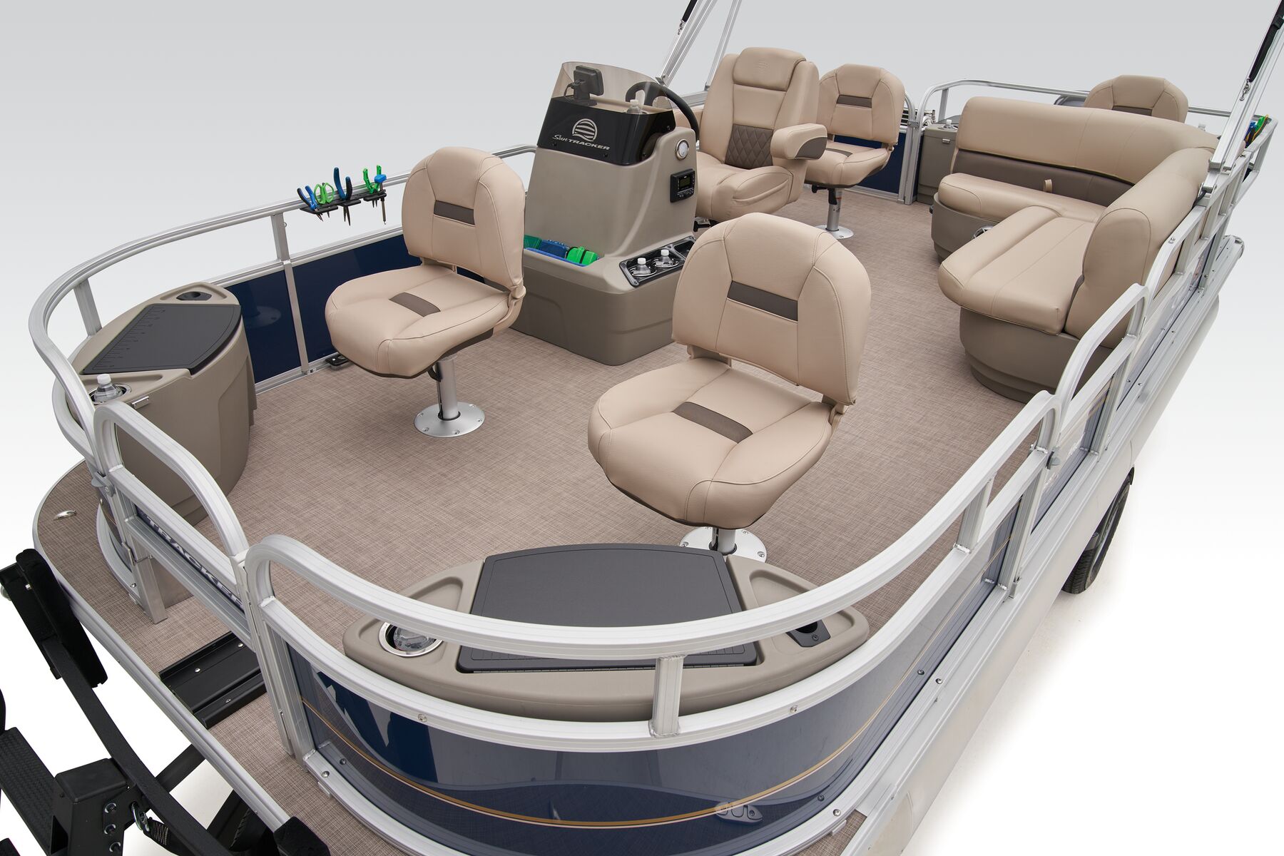 The deck of a 2022 Sun Tracker Bass Buggy DLX pontoon, showing seating and the helm